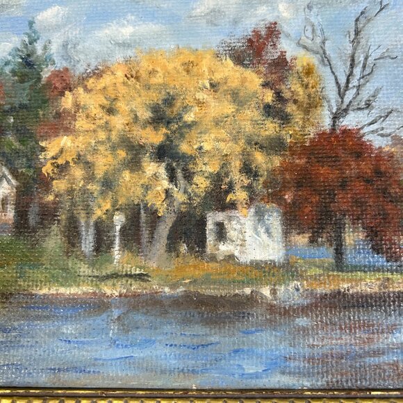 Vintage Framed Landscape Oil Painting Autumn Lake Scene Country Houses Singed - Picture 5 of 13